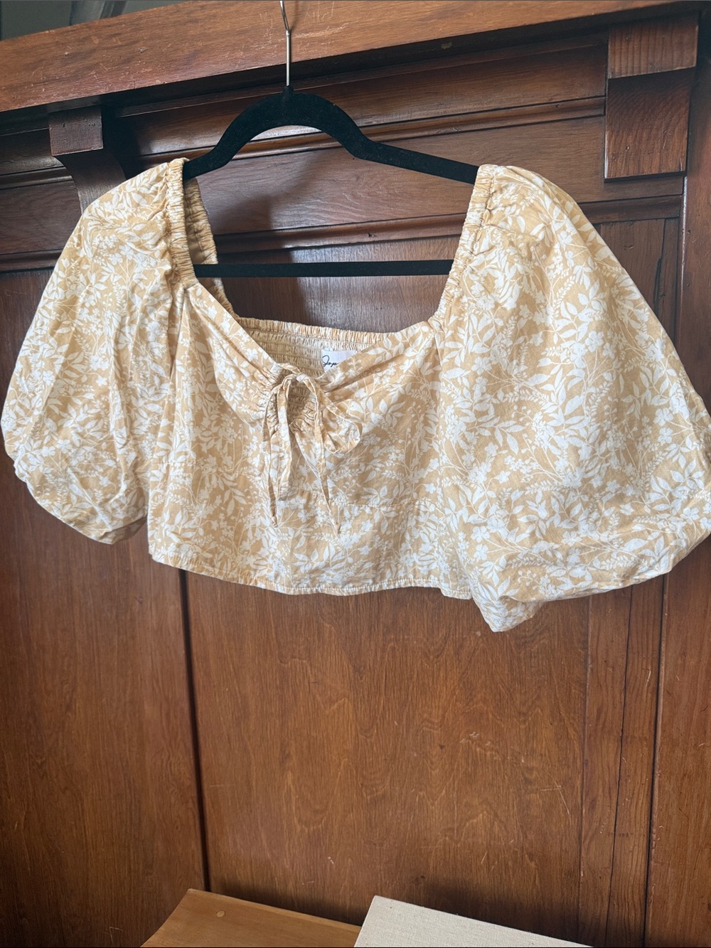 Japna Beige and White Floral Tie-Front Crop Top